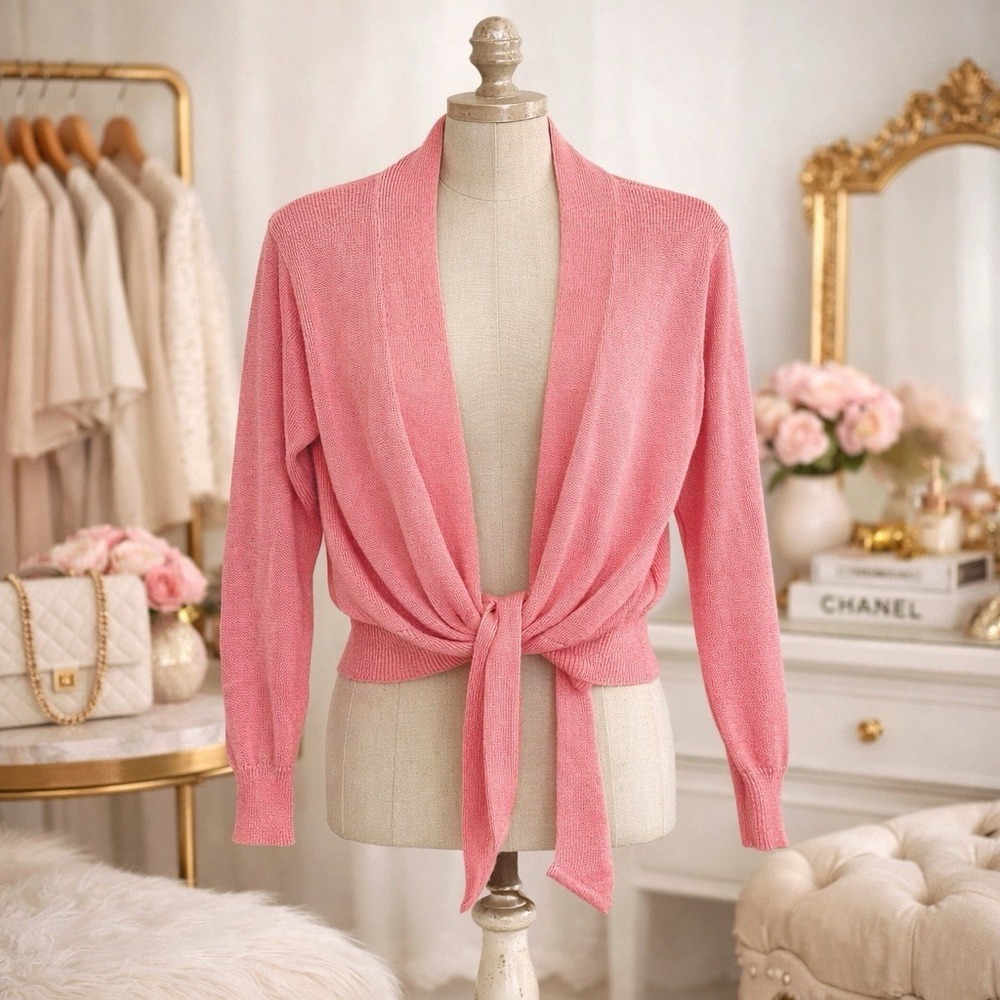 Vintage 80s FIA Italia Pink Handloomed Cropped Tie Waist Cardigan Sz M